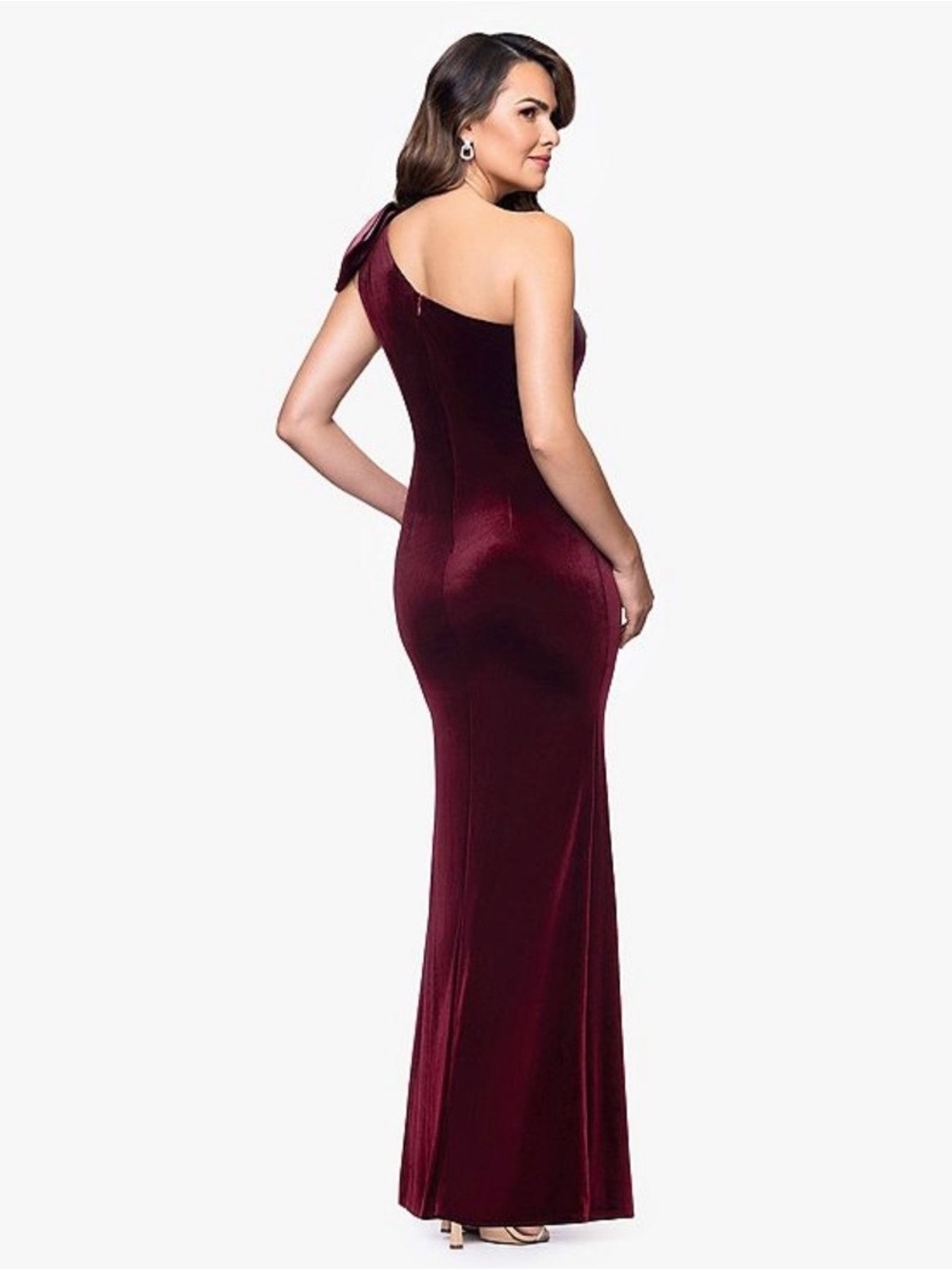 BA Nites One Shoulder Bow Velvet Evening Gown- Burgundy. Size 16. NWT - Picture 2 of 6